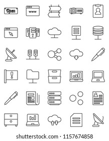 thin line vector icon set - pen vector, notebook pc, document, archive, laptop graph, personal information, attention, newspaper, server, network folder, cloud, exchange, big data, browser, share