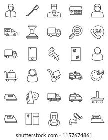 thin line vector icon set - vacuum cleaner vector, car fetlock, window cleaning, iron, steaming, woman, dollar cursor, phone 24, support, delivery, cargo search, mobile, doctor, hospital building