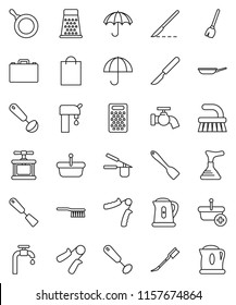 thin line vector icon set - plunger vector, broom, fetlock, water tap, car, pan, kettle, cook press, whisk, spatula, ladle, grater, case, hand trainer, umbrella, scalpel, supply, shopping bag