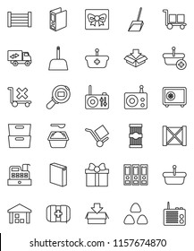 thin line vector icon set - scoop vector, washing powder, cereal, pasta, archive, binder, safe, first aid kit, wood box, cargo, no trolley, warehouse, search, radio, relocation truck, gift, cashbox