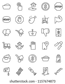 thin line vector icon set - soap vector, cleaner trolley, foam basin, rubber glove, house hold, hand mill, blender, chicken leg, dollar coin, trainer, muscule, boxing, traking, cargo, touchscreen
