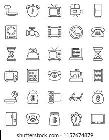 thin line vector icon set - water tap vector, washboard, kettle, glasses, alarm clock, abacus, money bag, sand, phone, big scales, film frame, tv, video camera, classic, fridge, kitchen