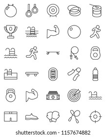 thin line vector icon set - award cup vector, target, stadium, weight, jump rope, hand trainer, fitball, muscule, snickers, boxing glove, shorts, skateboard, sports nutrition, water bottle, pool