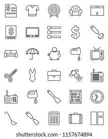 thin line vector icon set - spatula vector, ladle, mixer, abacus, piggy bank, case, annual report, dollar sign, shorts, swimsuite, t shirt, target, clock, umbrella, satellitie, tv, scissors, menu