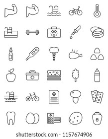 thin line vector icon set - cereal vector, egg, mushroom, potato, chicken leg, oil, apple fruit, barbell, bike, muscule hand, water bottle, breads, pool, first aid kit, hoop, doctor bag, thermometer