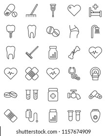 thin line vector icon set - rake vector, water tap, heart pulse, pills vial, buttocks, crutches, broken bone, patch, stethoscope, bottle, hospital bed, tomography, drop counter, tooth, implant, bath