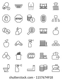 thin line vector icon set - toilet vector, sprayer, plates, colander, cookbook, pasta, corner ruler, apple fruit, coin stack, money search, hierarchy, buttocks, pills, stadium, Railway carriage