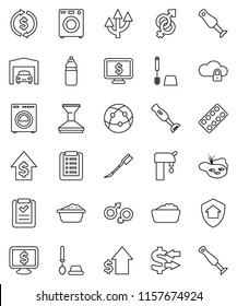 thin line vector icon set - car fetlock vector, toilet brush, foam basin, blender, exchange, dollar growth, monitor, water bottle, internet, gender sign, pills blister, cloud lock, route arrow, pond