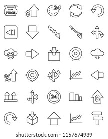thin line vector icon set - graph vector, crisis, percent growth, dollar, target, arrow down, up, route, top sign, package, sorting, backward button, cloud exchange, refresh, redo, undo, upload