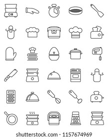 thin line vector icon set - pan vector, cook hat, apron, glove, timer, whisk, spatula, knife, grater, oven, double boiler, cookbook, sieve, dish, mixer, multi cooker, toaster