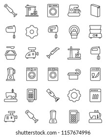 thin line vector icon set - washer vector, washing powder, mixer, double boiler, blender, tomography, gear, construction crane, card reader, dishwasher, coffee maker, meat grinder, sewing machine