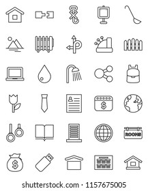 thin line vector icon set - water drop vector, shower, ladle, book, backpack, notebook pc, schedule, presentation, personal information, money bag, tie, dollar calendar, gymnast rings, route, earth