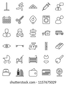 thin line vector icon set - cleaner trolley vector, mop, clothespin, woman, kettle, school bus, gold ingot, manager, calendar, swimsuite, skateboard, run, signpost, speaking man, eye, syringe, key