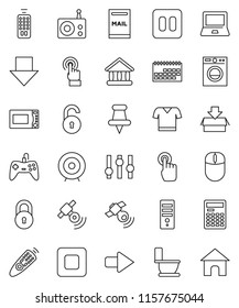 thin line vector icon set - toilet vector, microwave oven, calculator, notebook pc, university, target, arrow down, t shirt, calendar, radio, satellitie, settings, remote control, touchscreen, stop