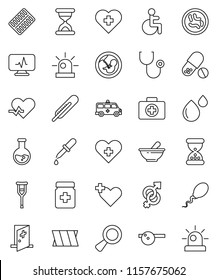 thin line vector icon set - flask vector, pills, heart cross, first aid kit, disabled, pulse, thermometer, gender sign, magnifier, pregnancy, dropper, crutches, sand clock, stethoscope, bottle