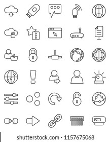 thin line vector icon set - world vector, internet, connect, connection, cloud lock, browser, equalizer, hub, usb modem, router, share, favorites, message, arrow, redo, upload, chain, globe, unlock