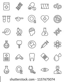 thin line vector icon set - atom vector, flask, pills, heart cross, oxygen, vial, eye, gender sign, dna, insemination, syringe, crutches, patch, stethoscope, bottle, doctor hat, microscope, microbs