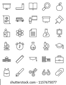 thin line vector icon set - book vector, graduate hat, pen, school building, blackboard, corner ruler, glasses, student, case, backpack, apple fruit, atom, microscope, alarm clock, paper pin, bus