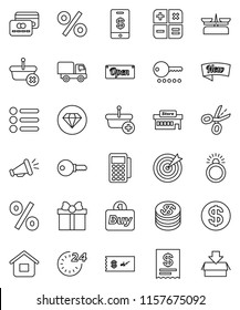 thin line vector icon set - gift vector, credit card, dollar coin, new, open, 24 hour, percent, mall, target, buy, reader, receipt, basket, home, calculator, delivery, loudspeaker, check, tap pay