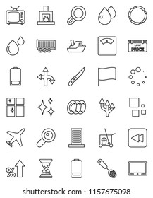 thin line vector icon set - cleaner trolley vector, shining, plates, window, skimmer, knife, flag, percent growth, sand clock, scales, hoop, route, plane, ship, truck trailer, tv, battery, magnifier