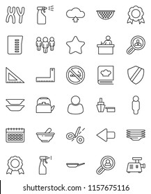 thin line vector icon set - sprayer vector, plates, pan, kettle, colander, measuring cup, cookbook, corner ruler, student, medal, man, calendar, no smoking, port, mortar, chromosomes, shield, arrow