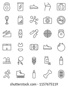 thin line vector icon set - scales vector, pills vial, weight, jump rope, hand trainer, punching bag, fitball, buttocks, snickers, shorts, swimsuite, roller Skates, target, enegry drink, molecule
