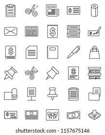 thin line vector icon set - toilet paper vector, book, copybook, pen, schedule, clipboard, pin, document, exam, cash, check, annual report, receipt, fitness mat, newspaper, thumbtack, mail, network