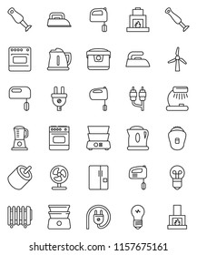 thin line vector icon set - iron vector, kettle, mixer, double boiler, blender, table lamp, rca, windmill, fridge, power plug, multi cooker, oven, epilator, fan, heater, bulb, fireplace