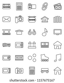 thin line vector icon set - welcome mat vector, microwave oven, glasses, calculator, music, cash, roller Skates, money, dry cargo, top sign, film frame, monitor, link, mail, share, home, bench