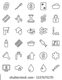 thin line vector icon set - scraper vector, water drop, car fetlock, window cleaning, toilet brush, foam basin, shining, blender, exchange, dollar growth, medal, monitor, bottle, route, gender sign