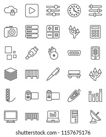 thin line vector icon set - pen vector, laptop graph, clock, barcode, music hit, camera, equalizer, remote control, play button, hdmi, cloud lock, big data, bench, loading, route arrow, calculator