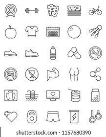 thin line vector icon set - diet vector, barbell, scales, pills vial, bike, weight, fitball, muscule hand, buttocks, snickers, shorts, t shirt, target, sports nutrition, enegry drink, molecule, pool
