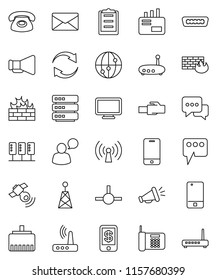thin line vector icon set - clipboard vector, antenna, satellitie, loudspeaker, internet, mobile phone, dialog, speaking man, hdmi, connect, server, big data, firewall, router, lan connector, mail