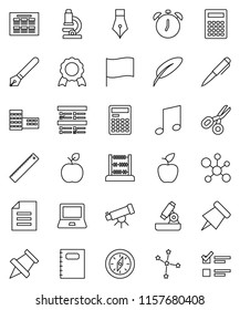 thin line vector icon set - copybook vector, pen, school building, ruler, apple fruit, telescope, microscope, calculator, notebook pc, alarm clock, schedule, paper pin, compass, medal, scissors