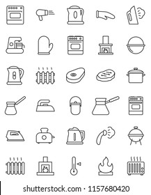 thin line vector icon set - iron vector, steaming, pan, camping cauldron, kettle, cook glove, turk coffee, oven, thermometer, bbq, steak, flammable, fireplace, heating, maker, toaster, hair dryer