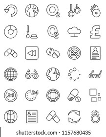 thin line vector icon set - toilet brush vector, glasses, world, personal information, pie graph, pound, pills, no fastfood, gymnast rings, oxygen, earth, music hit, backward button, cloud network