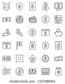 thin line vector icon set - exchange vector, dollar coin, cash, money bag, piggy bank, investment, growth, receipt, medal, flag, shield, calendar, monitor, cursor, any currency, yen sign