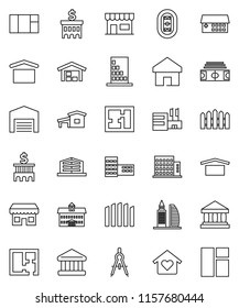 thin line vector icon set - university vector, school building, drawing compass, bank, stadium, dry cargo, hospital, home, cottage, barn, fence, plan, apartments, office, love, store, mall, window