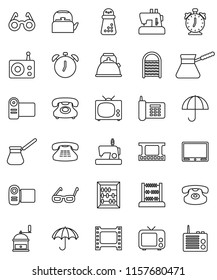 thin line vector icon set - washboard vector, kettle, hand mill, turk coffee, glasses, alarm clock, abacus, phone, umbrella, film frame, radio, tv, classic, video camera, sewing machine