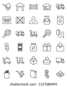 thin line vector icon set - washing powder vector, cereal, pasta, delivery, wood box, cargo, no trolley, hook, warehouse, package, search, pills bottle, drop counter, relocation truck, gift