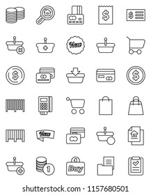 thin line vector icon set - dollar coin vector, credit card, stack, receipt, estate document, search, new, shopping bag, buy, barcode, reader, basket, cart, list