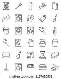 thin line vector icon set - broom vector, vacuum cleaner, mop, bucket, sponge, car fetlock, steaming, washer, washing powder, cleaning agent, rubber glove