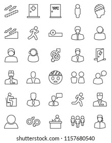 thin line vector icon set - water closet vector, student, manager, man, stairways run, support, client, speaking, doctor, gender sign, eye hat, head bandage, medical room, consumer