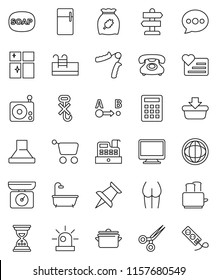 thin line vector icon set - soap vector, shining window, pan, toaster, cereal, world, sand clock, hand trainer, buttocks, heart monitor, signpost, phone, no hook, route, radio, thumbtack, scissors