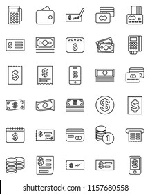 thin line vector icon set - credit card vector, cash, coin stack, check, receipt, dollar calendar, money, wallet, reader, tap pay