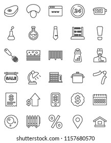 thin line vector icon set - pan vector, skimmer, hand mill, mushroom, steak, table lamp, abacus, dollar growth, medal, tie, calendar, trainer, breads, video camera, flask, ovule, doctor, browser