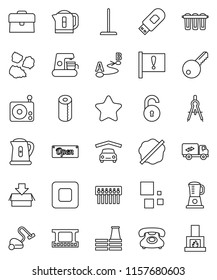 thin line vector icon set - vacuum cleaner vector, mop, splotch, toilet paper, garbage pile, kettle, drawing compass, case, attention, phone, route, film frame, radio, stop button, hub, usb modem