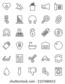 thin line vector icon set - water drop vector, rubber glove, pasta, glasses, medal, personal information, dollar coin, tie, cursor, fitball, navigator, phone, no hook, cargo search, barcode, pills