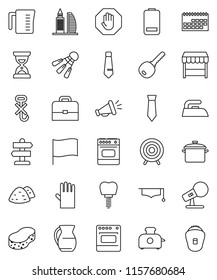 thin line vector icon set - sponge vector, iron, rubber glove, garbage pile, pan, measuring cup, jug, graduate hat, case, flag, sand clock, tie, target, shuttlecock, signpost, calendar, no hook, key