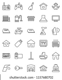 thin line vector icon set - plunger vector, broom, water tap, vacuum cleaner, mop, iron, steaming, house hold, tv, home, garage, rent signboard, apartments, love, password, meat grinder, hood, usb